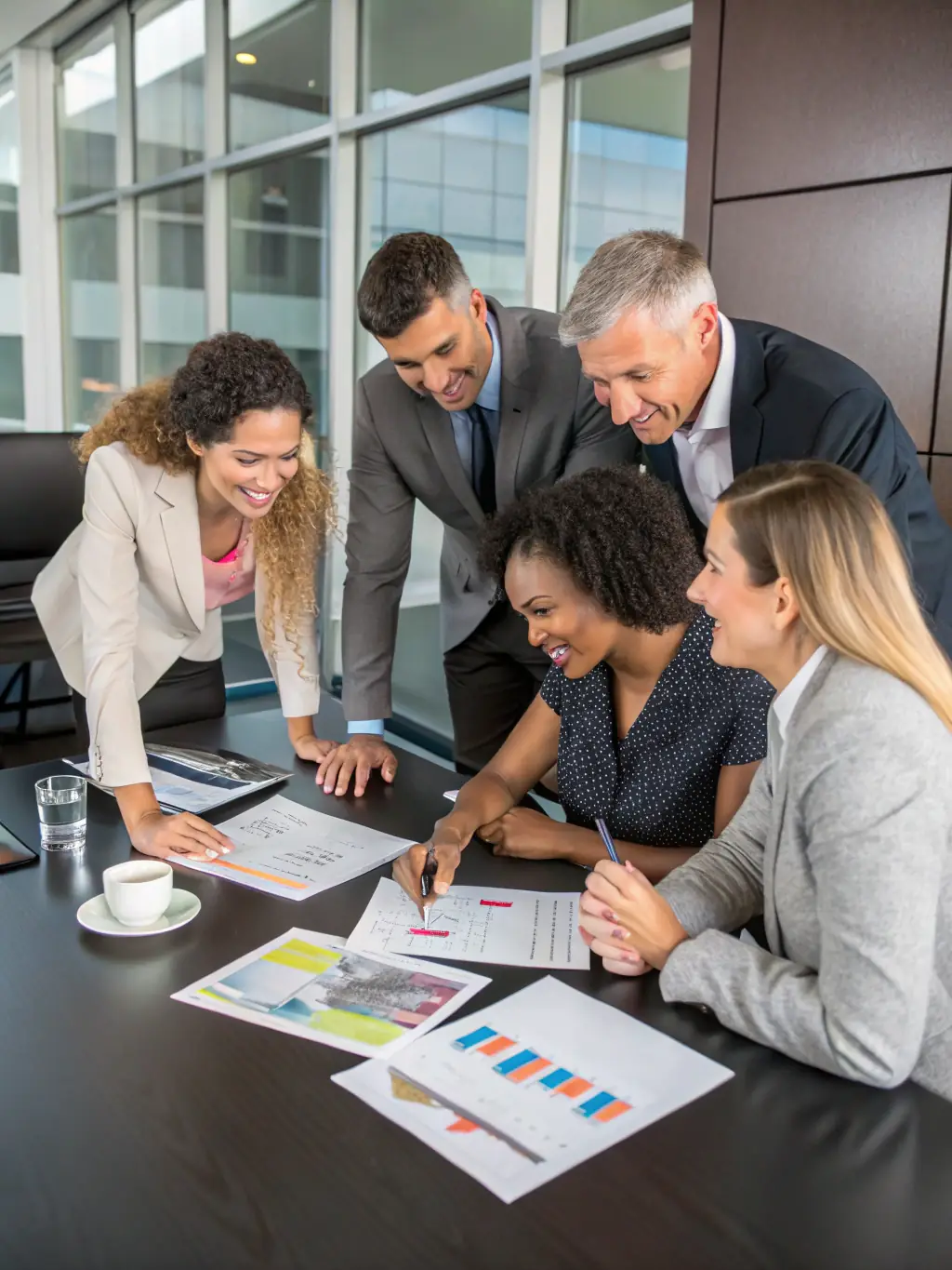 A diverse group of business owners collaborating around a table, reviewing marketing data and discussing growth strategies with LeMay Consulting.