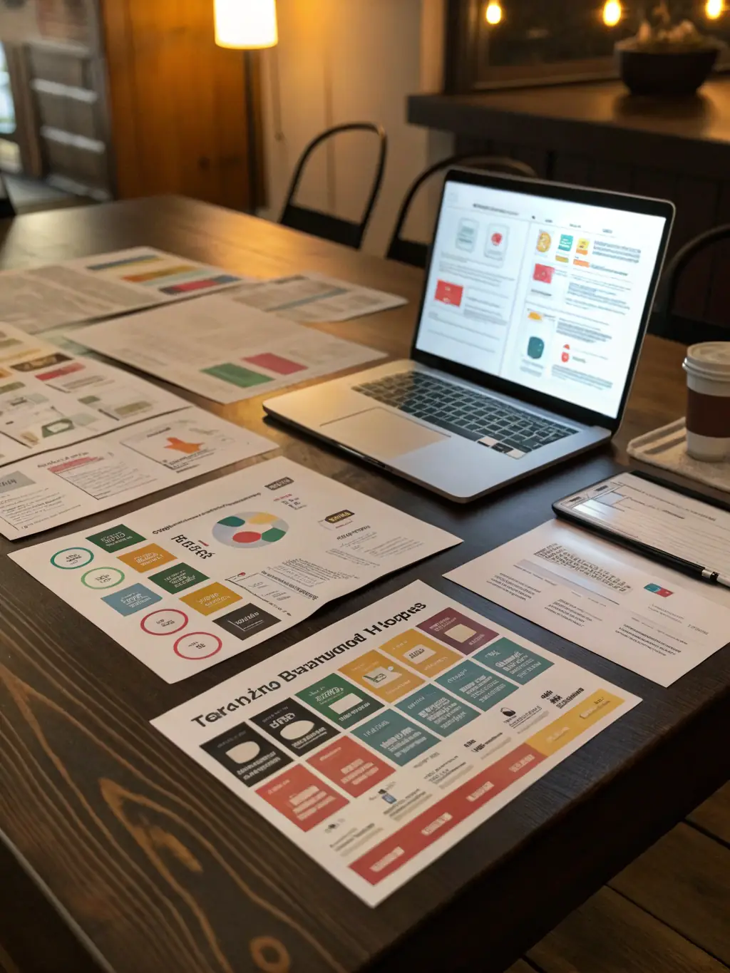 A comprehensive 12-month marketing campaign plan laid out on a table, showcasing key milestones, strategies, and content themes developed by LeMay Consulting.