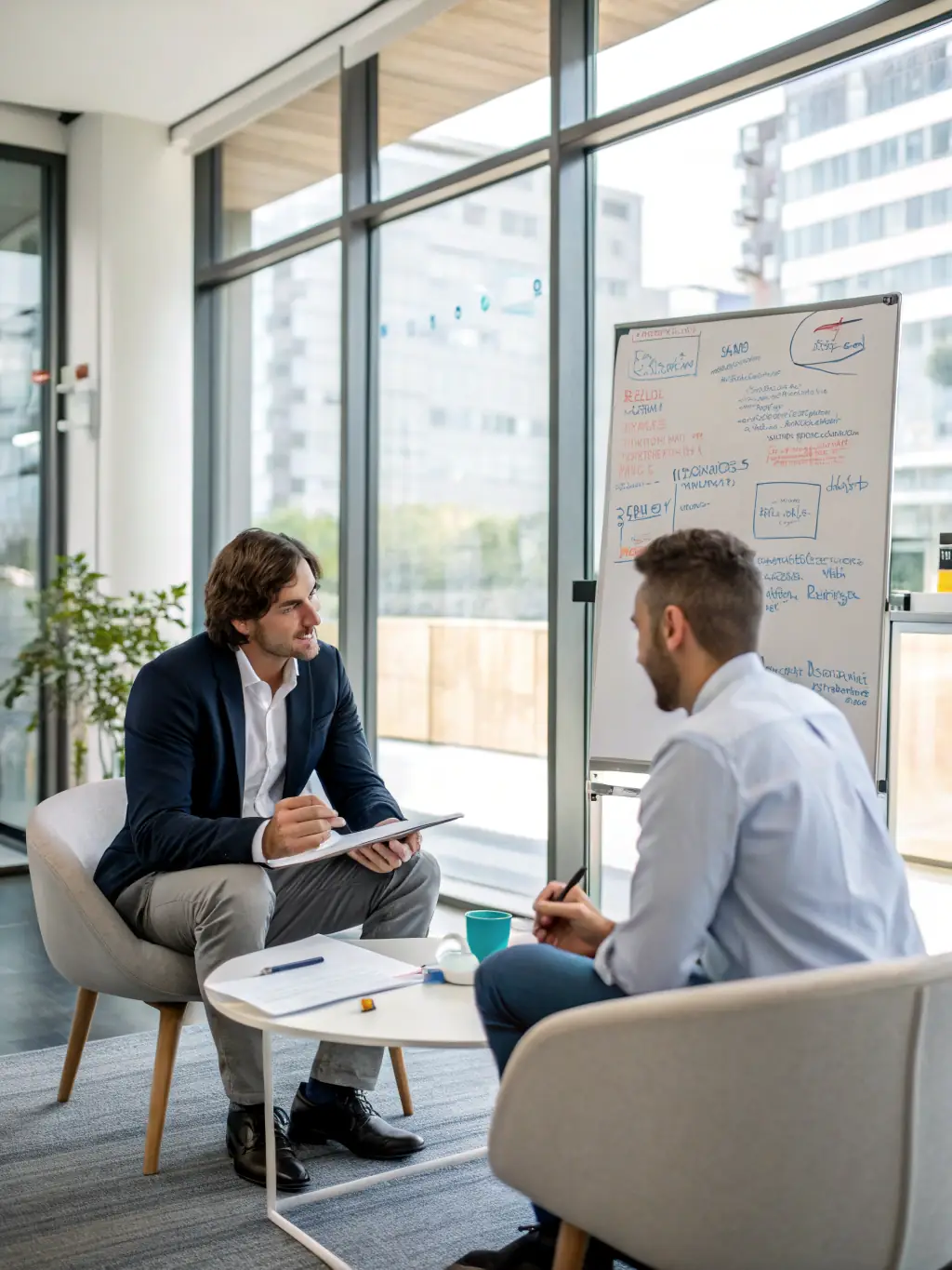 A consultant advising a business owner, reviewing performance data and making adjustments to the marketing strategy, representing LeMay Consulting's Advisory service.