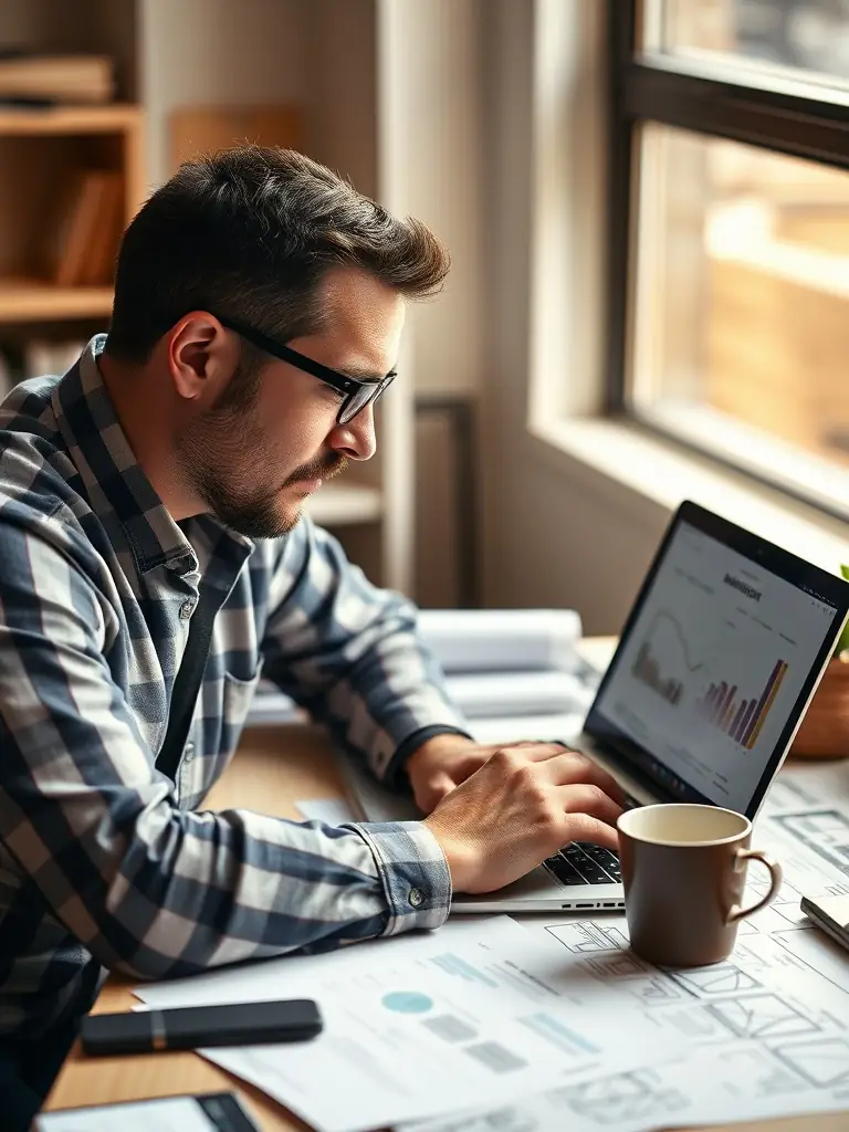 A focused business owner reviewing a marketing report with clear, actionable insights highlighted, symbolizing clarity.
