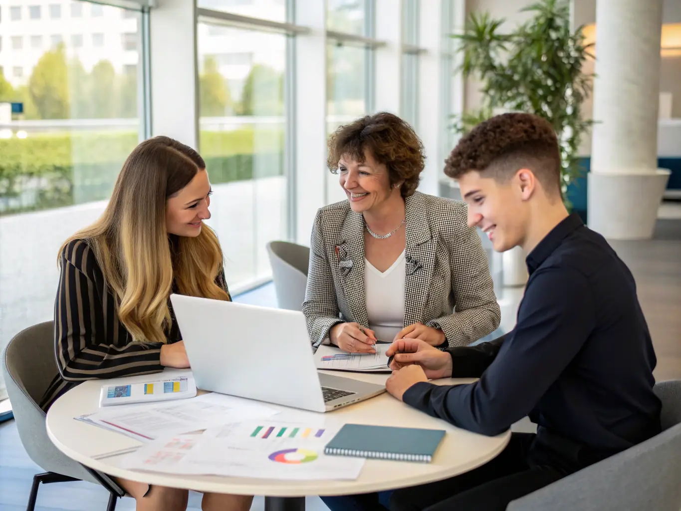 A consultant working closely with a business owner, reviewing marketing performance data on a laptop in a modern office setting, symbolizing LeMay Marketing's Advisory services.