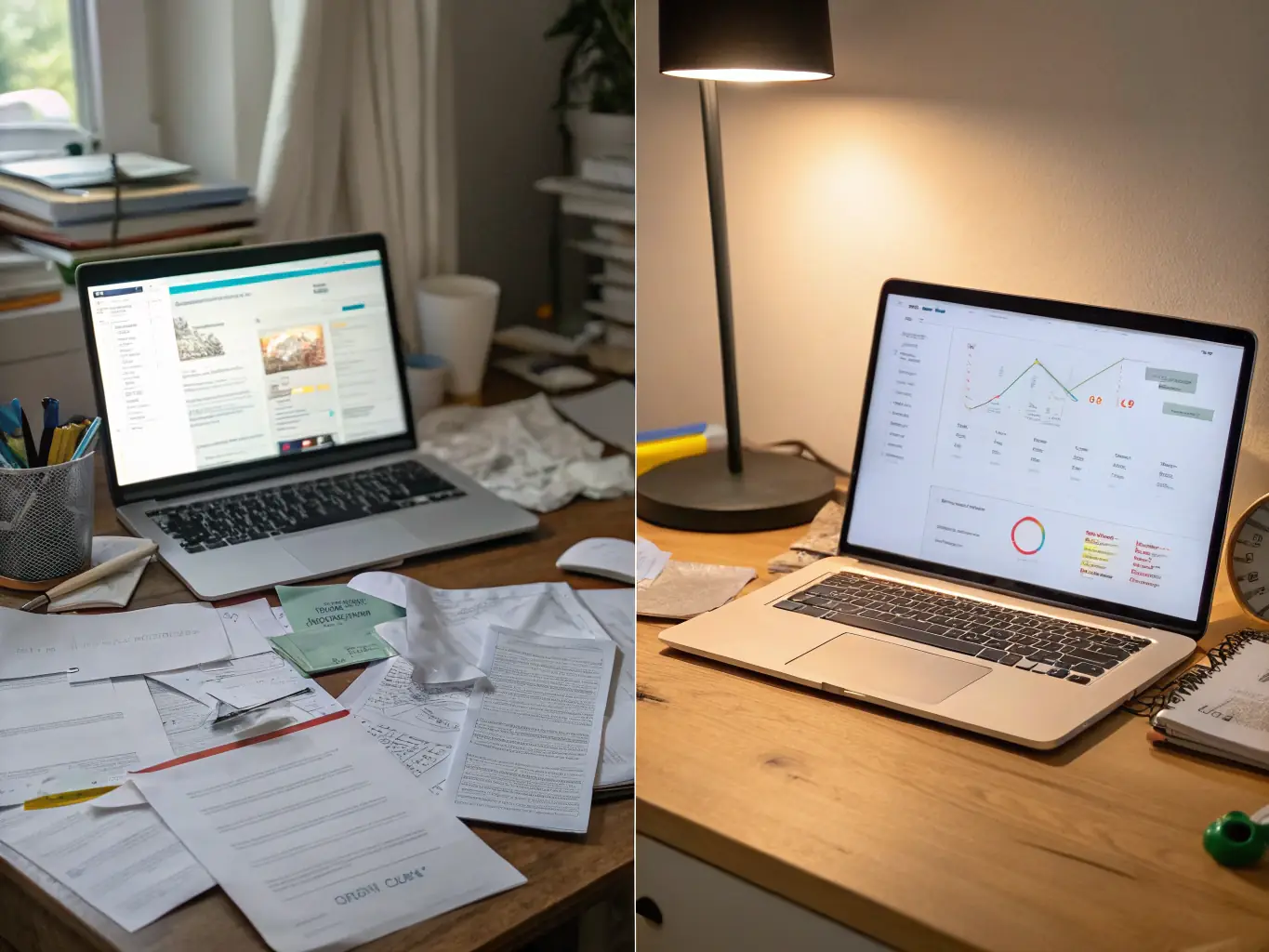 A split-screen image showing a chaotic marketing setup on one side and a streamlined, organized system on the other, illustrating the benefits of LeMay Marketing's approach.